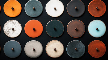 Fototapeta premium Abstract composition of colorful circular metal lids with central handles arranged in a grid pattern on a dark surface. Varied colors and textures create a striking visual effect.