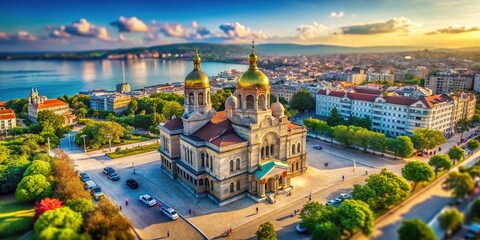Travel to Bulgaria: Aerial View of Varna Cathedral and Black Sea Resorts in Summer Hyperlapse