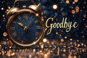 A vintage gold alarm clock with a blue face sits on a table with a dark background and twinkling lights. The clock is set to 1200, and the word "Goodbye" is written in gold lettering above it.
