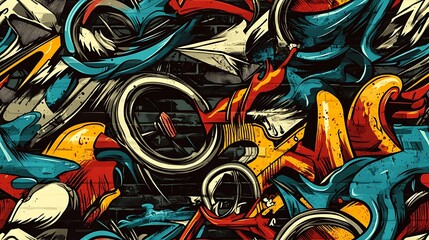 Fototapeta premium Graffiti pattern featuring BMX bikes, skateboards, and energetic sports symbols, surrounded by bold splashes of neon colors and abstract shapes, set against a rough urban wall,