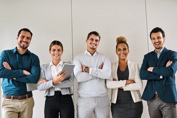 Portrait, happy team and business people with arms crossed in office for solidarity, about us and...
