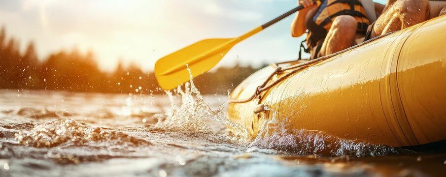 Adventurers rafting through a wild river, experiencing the thrill of uncharted waters