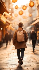 Traveler on a quiet street in a foreign city, absorbing the cultural atmosphere, full of wanderlust