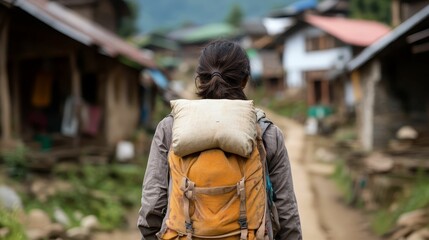 Fototapeta premium Adventurer trekking through a remote village, discovering hidden cultural gems off the beaten path