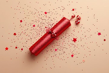 Open red Christmas cracker and decorations with shiny confetti on beige background, flat lay. Space for text