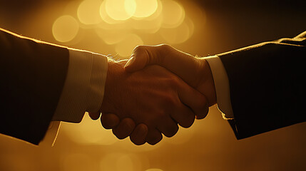 Business Professionals Shaking Hands in Office Deal, Sunlit Encounter with Bokeh Effect for Banner Design
