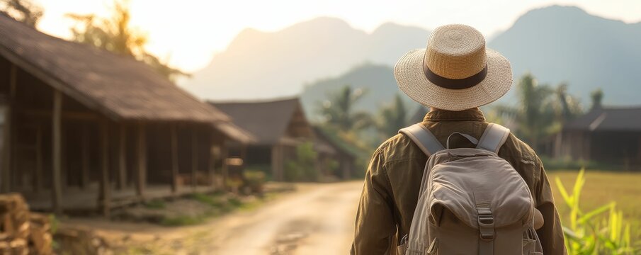 Adventurer trekking through a remote village, discovering hidden cultural gems off the beaten path