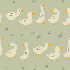 Obraz premium Cute Cartoon Duck Seamless Pattern, Vector Illustration Background