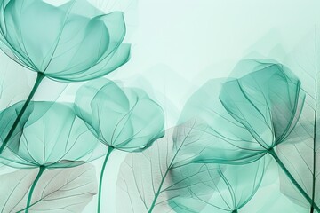 A soft green x-ray floral design with delicate leaves and transparent petals
