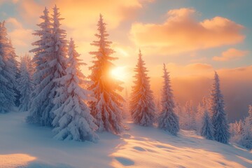 Vivid white spruces on a frosty day. Attractive winter wallpaper