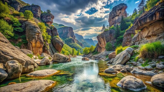 Mysterious valley landscape with river and rock formations