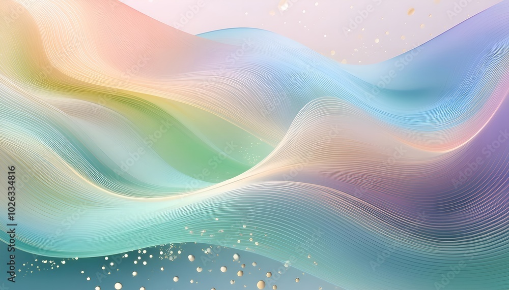 Poster abstract background with gentle,flowing line and scattered dots in soft pastels.