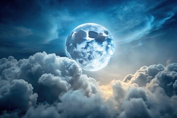 Fototapeta premium mystic glowing moon in cotton cloudy sky Close-Up