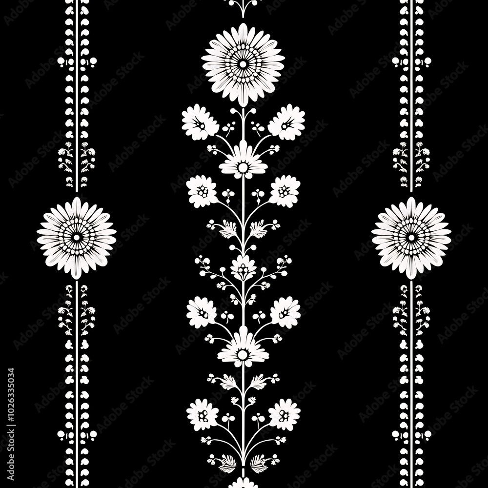 Wall mural White floral pattern on black background.