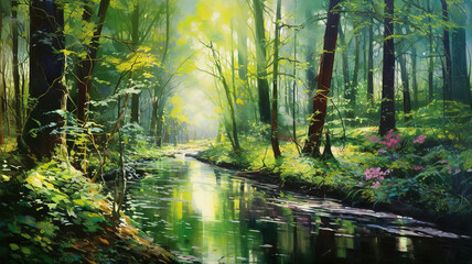 Obraz premium Magical Green Forest Sunlight Filtering Through Vibrant Foliage
