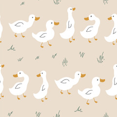 Cute Cartoon Duck Seamless Pattern, Vector Illustration Background