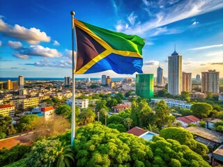 Vibrant Urban Exploration of Tanzania with Waving Flag in a Dynamic Cityscape