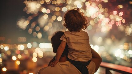 Father and child watching fireworks display at night with bokeh lights