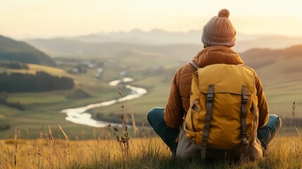 A hiker with a backpack resting on a hilltop, overlooking a valley with a river and distant villages, [travel landscape experience],