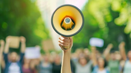 Hand holding megaphone at protest with crowd in background