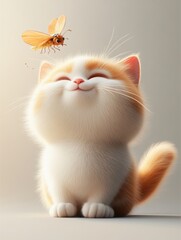 Fototapeta premium Cute Kitty's Close Encounter: A 3D Cartoon Cat Meets a Beautiful Insect in a Minimalist, Award-Winning Illustration