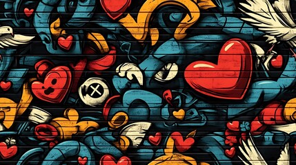 Graffiti pattern with bright hearts, peace symbols, and glowing doves, intertwined with vibrant neon colors and floral motifs, layered on a textured urban wall,