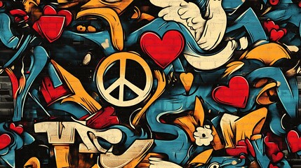Obraz premium Graffiti pattern with bright hearts, peace symbols, and glowing doves, intertwined with vibrant neon colors and floral motifs, layered on a textured urban wall,
