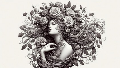 Fototapeta premium A monochromatic illustration of a serene woman adorned with roses and flowing hair.