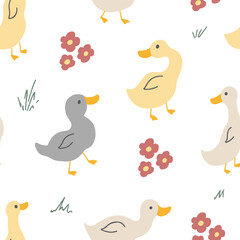 Cute Cartoon Duck Seamless Pattern, Vector Illustration Background