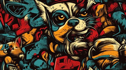 Obraz premium Graffiti pattern with curious cats, street-smart dogs, and colorful pigeons, intertwined with bright neon colors and abstract brushstrokes, layered on a textured urban wall,