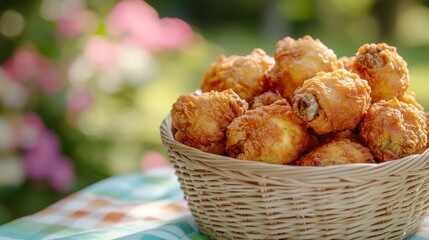Crispy Fried Chicken Pieces in Wicker Basket