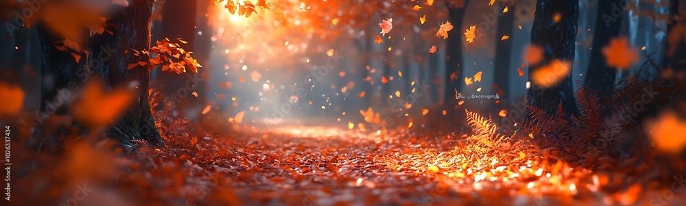 Aufkleber a serene forest path illuminated by warm autumn light, with falling leaves creating a picturesque an