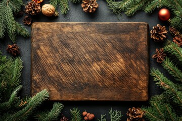 Wooden cutting board with Christmas composition, fir tree branches and Christmas decorations on dark background, top view, copy space.