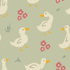 Cute Cartoon Duck Seamless Pattern, Vector Illustration Background