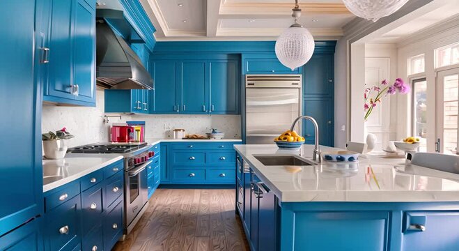 Modern Kitchen with Blue Cabinets and White Countertops
