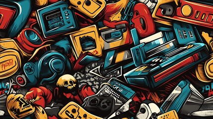 Fototapeta premium Graffiti pattern with retro consoles, game controllers, and pixel art symbols, intertwined with bright neon colors and abstract brushstrokes, layered on a textured urban wall,