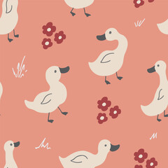 Cute Cartoon Duck Seamless Pattern, Vector Illustration Background