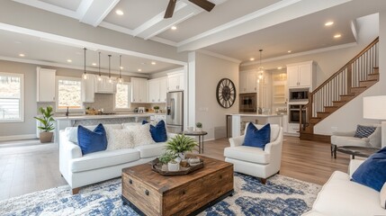 A large open living room with a white couch and a blue couch