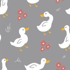 Cute Cartoon Duck Seamless Pattern, Vector Illustration Background