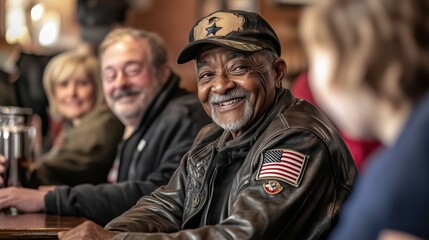 Fototapeta premium A smiling Black senior veteran wearing a leather jacket with an American flag patch and a military hat sits at a bar in a lively pub. Surrounded by others, the atmosphere is warm and welcoming, with t