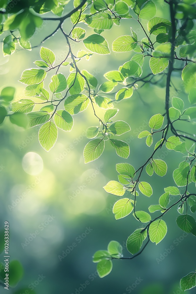 Poster a soothing image of dew-kissed green leaves illuminated by soft light, showcasing a tranquil and ref