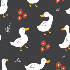 Cute Cartoon Duck Seamless Pattern, Vector Illustration Background