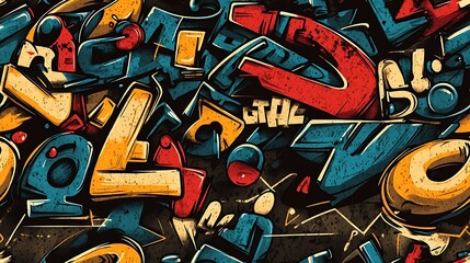 Obraz premium Graffiti pattern with wildstyle letters, geometric characters, and bold bubble numbers, intertwined with bright neon colors and abstract brushstrokes, layered on a textured urban wall,