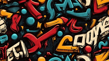 Fototapeta premium Graffiti pattern with wildstyle letters, geometric characters, and bold bubble numbers, intertwined with bright neon colors and abstract brushstrokes, layered on a textured urban wall,