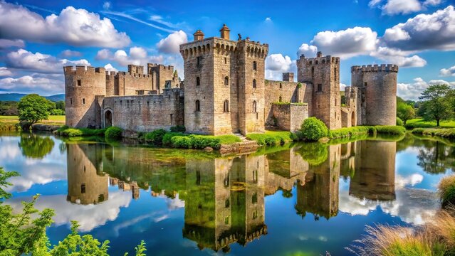 Raglan Castle reflected in water during summer in Monmouthshire, South Wales