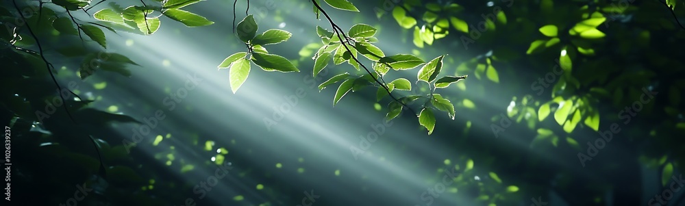 Aufkleber a serene forest scene with sunlight filtering through lush green leaves, creating a tranquil atmosph