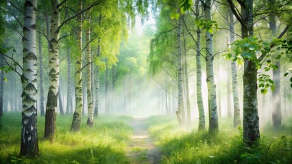 Obraz premium Mystical mist weaving through forest with birch trees and green leaves