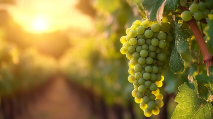 Fototapeta premium Sunlit Green Grapes on a Vine in a Vineyard
