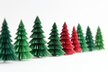 A row of paper Christmas trees isolated on white background