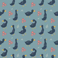 Cute Cartoon Duck Seamless Pattern, Vector Illustration Background